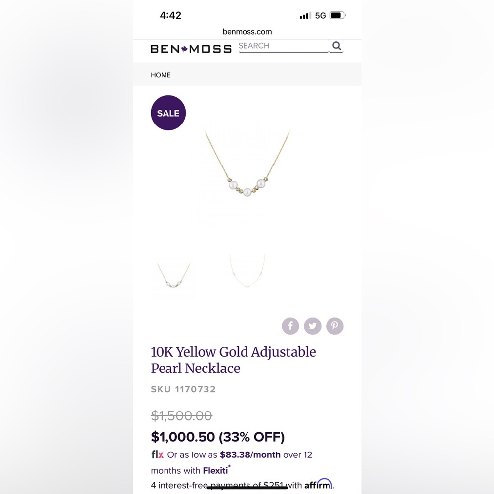 10K Yellow Gold Adjustable Pearl Necklace